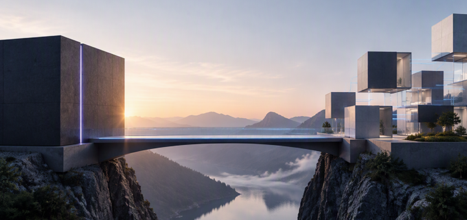 Bridge with two large cubic structures at each end over a river in a mountainous landscape at sunset